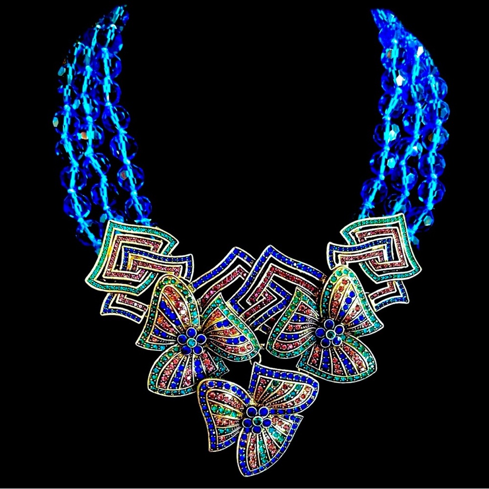 Heidi Daus Bold Blue Multicolor Crystal Floral Statement Necklace
